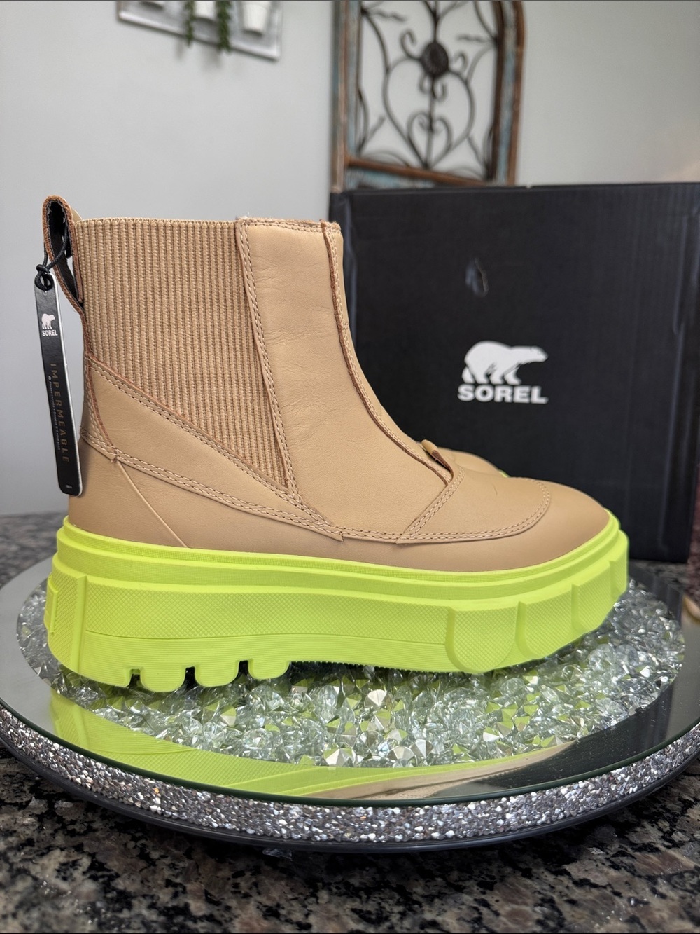 Sorel Waterproof Tan Chelsea Platform Boot with Neon Yellow Sole NWT